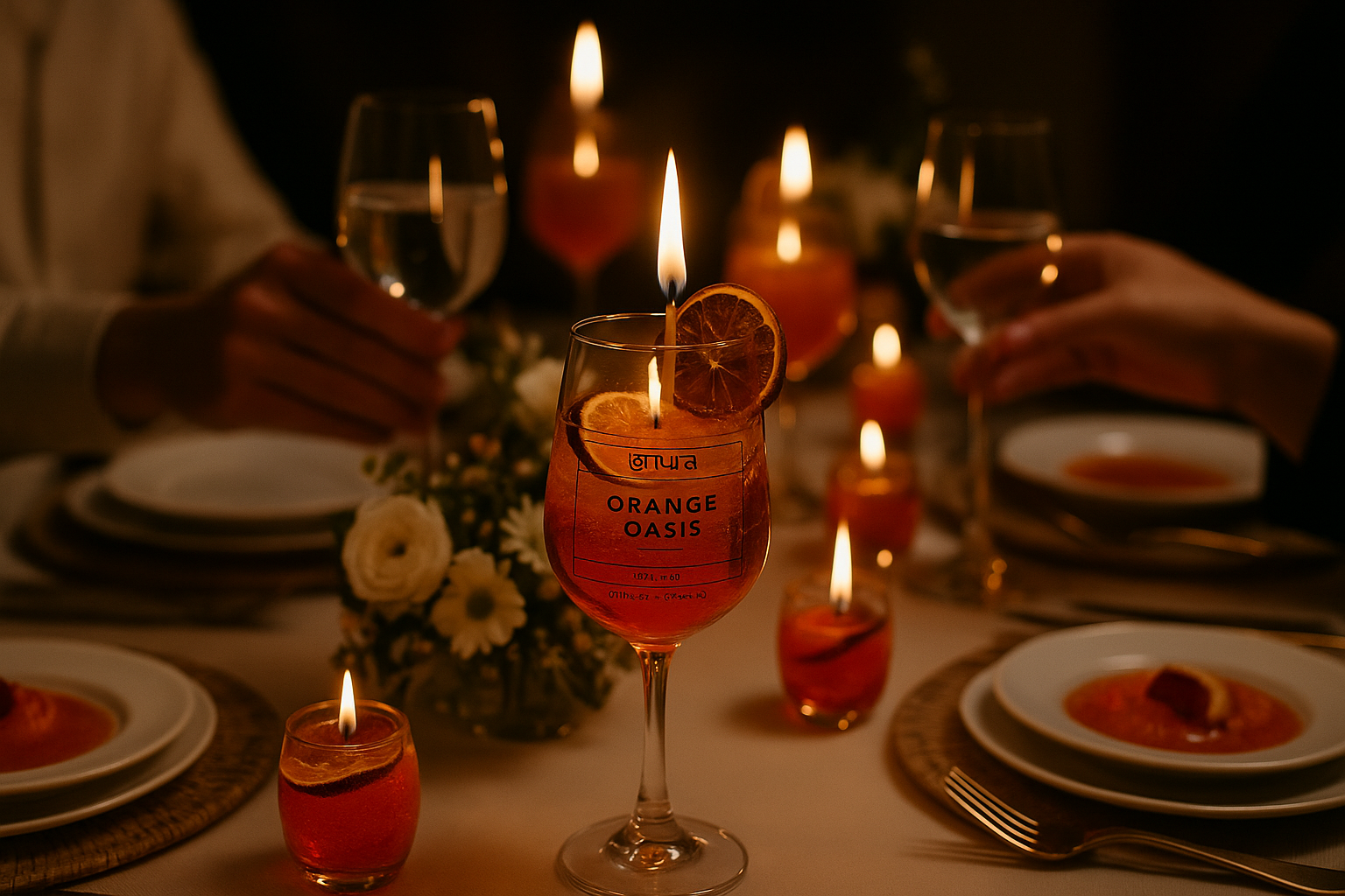 Dinner table setting with wine glasses, plates, and candles in a warm, intimate atmosphere, home decor.